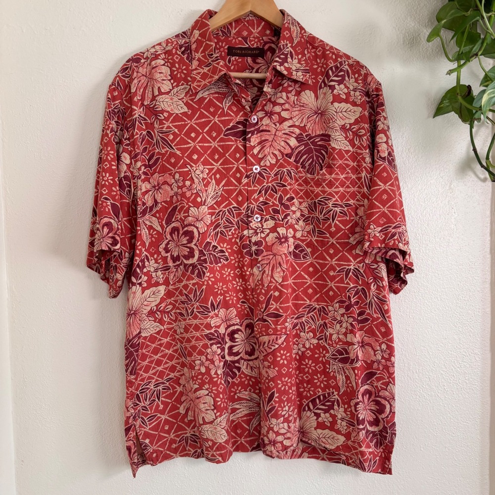 Tori Richard Hawaiian shirt orange hibiscus tropical vacation button down silk L